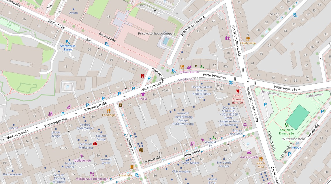 Ausschnitt eines Stadtplans von Essen-Rüttenscheid. In der Mitte liegt Witteringstraße 42, 45130 Essen, an der Ecke Witteringstraße und Brigittastraße.